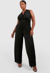 Plus Plisse Halterneck Wide Leg Jumpsuit - Black
