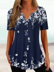 Floral Print Notched Neck T-Shirt Casual Short Sleeve T-Shirt For Spring & Summer Women's Clothing