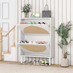 Zehuoge Rattan Shoe Cabinet With 2 Flip Drawers Entrance Hallway Slim Entryway Organizer White Rack Storage For Heels Slippers