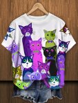 Plus Size Cartoon Cat Print T-Shirt Casual Crew Neck Short Sleeve T-Shirt Women's Plus Sizeclothing