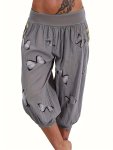 Plus Size Casual Capri Pants Women's Plus Butterfly Print Wide Band Waist Slight Stretch Capri Pants