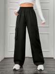 Flap Pockets Wide Leg Cargo Pants Young Solid Color Elastic High Waist Loose Pants For Spring & Summer Women's Clothing