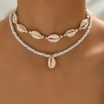 2PCS SET Bohemian Style Faux Shell Pendant Beaded Necklace Set For Women Vacation & Minimalist Design Jewelry Perfect For Party