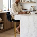 Adjustable Velvet Bar Stool With Woven Back And Gold Frame