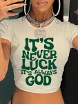 Letter Print Crop Crew Neck T-Shirt Casual Short Sleeve T-Shirt For Spring & Summer Women's Clothing