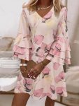Leaf Print V Neck Dress Casual Flare Sleeve Ruffle Trim Dress For Spring & Summer Women's Clothing