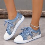 Women's Lace Mesh Sneakers Lace Up Lightweight Soft Sole Canvas Shoes Breathable Denim Preppy Shoes