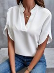 Solid Color Notched Neck Blouse Elegant Split Sleeve Loose Blouse For Spring & Summer Women's Clothing