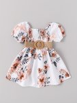 Toddler Baby Girl Summer Floral Print Dress Clothes Off Shoulder Lantern Sleeve Shirred Dress Umbrella Shape Swing Dress With Be