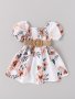 Toddler Baby Girl Summer Floral Print Dress Clothes Off Shoulder Lantern Sleeve Shirred Dress Umbrella Shape Swing Dress With Belt