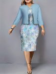 Elegant Two Piece Set Open Front 3 4 Sleeve Outwear & Geo Pattern Crew Neck Tank Dress Women's Clothing