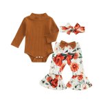 Rust Turtleneck Ribbed Romper With Matching Floral Flare Pants And Headband