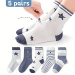 5 Pairs Of Boy's Trendy Stars & Striped Pattern Crew Socks Comfy Breathable Casual Soft Socks For Kids Outdoor Activities