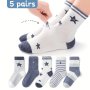 5 Pairs Of Boy's Trendy Stars & Striped Pattern Crew Socks Comfy Breathable Casual Soft Socks For Kids Outdoor Activities