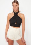Cropped Fitted Halter Neck Top - Black