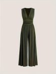 Solid Color V-neck Jumpsuit Casual Sleeveless Wide Leg Jumpsuit For Spring & Summer Women's Clothing