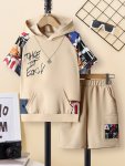 2PCS Boys Casual Graffiti Print Stitching Comfortable Versatile Short Sleeve Hooded T-Shirt & Shorts Set Cool Lightweight And Co