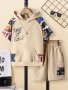 2pcs Boys Casual Graffiti Print Stitching Comfortable Versatile Short Sleeve Hooded T-shirt & Shorts Set Cool Lightweight And Comfy Summer Clothes