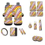 Widea 17 Pcs Abstract Hippie Flower Swirl Wavy Seat Covers Full Set Groovy Flower 70S 80S Car Floor Mat+steering Wheel Protectio