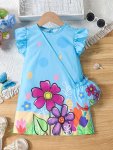 Flowers Print Cute Flutter Sleeve Dress For Girls + Matching Bag For Summer Going Out