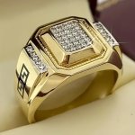 Men's Trendy Inlaid Synthetic Gemstone Ring Square Jewelry Fashionable Hip-hop Golden Ring