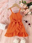 Girls Ruffle Edge Slip Dress Textured Sleeveless Dress For Casual Vacation
