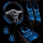 Blue Flame Skull Print 6-PIECE Set 1 Steering Wheel Cover +1 Center Armrest +2 Seat Belt Shoulder Covers +2 Coasters