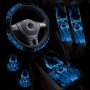 Blue Flame Skull Print 6-piece Set (1 Steering Wheel Cover +1 Center Armrest +2 Seat Belt Shoulder Covers +2 Coasters)