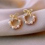 1PAIR Cute Christmas Faux Pearl Bow Trendy Garland Design Stud Earrings For Teen Girls Ideal Choice For Gifts