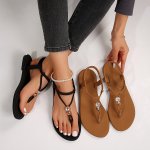 Women's Fashion Thong Sandals Casual Summer Beach Flats With Rhinestone Accents