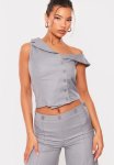 Woven Asymmetric Button Up Tailored Top - Light Grey