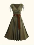 Belted Ruched Solid A-line Dress Elegant Surplice Neck Sleeveless Dress For Spring & Summer Women's Clothing