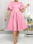 Puff Sleeve Pleated Elegant Dress Crew Neck Solid Color Dress For Spring & Summer Women's Clothing