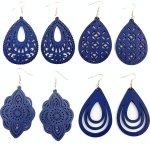 4 Pairs Set Carved Pattern Teardrop Shape Dark Blue Dangle Earrings Retro Elegant Style Wooden Jewelry Fall Winter Ear Ornament
