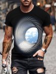 Men's Summer Fashion T-Shirt 3D Digital Swirling Geometric And Blue Sky Pattern Crew Neck Short Sleeve Tee Chic And Trendy Tops 