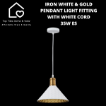 Iron White & Gold Pendant Light Fitting With White Cord - 35W Es