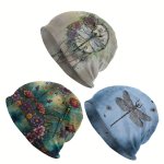 Boho-chic Dragonfly Print Beanie - Stretchy & Breathable Ski Cap