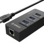 Orico 3 Port USB3.0 Hub With Gigabit Ethernet Adapter - Black