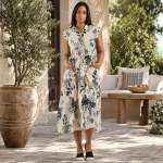 Leaf Print Drawstring Midi Dress - Cream L xl