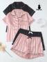 Elegant Fields 2PCS Plus Size Women Satin Striped Print Pajama Set Lapel Button Short Sleeve Top And Bow Shorts Summer Sleepwear And Loungewear