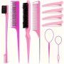 10pcs Hair Styling Comb Set Teasing Hair Brush Rat Tail Comb Edge Hair Brush Hair Braid Tool With Hair Clips Travel Essentials