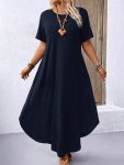 Plus Size Simple Solid Color Dress Casual Short Sleeve Crew Neck Dress With Pockets For Spring & Summer Women's Plus Size Clothi