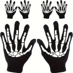 Skeleton Gloves - Full Finger Stretch Knit For Halloween & Winter Parties Black