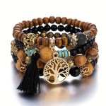4PCS SET Tree Of Life Pendant Multilayer Beaded Bracelet Round Bead Wooden Bead Bracelet Bohemian Ethnic Jewelry Accessories Han