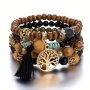 4pcs/set Tree Of Life Pendant Multilayer Beaded Bracelet Round Bead Wooden Bead Bracelet Bohemian Ethnic Jewelry Accessories Handmade -A Stylish Accessory Father's Day Gift