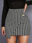 Houndstooth Print High Waist Bodycon Skirt Elegant Asymmetrical Button And Side Zipper Skirt For Spring & Summer Women's Clothin