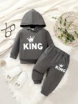 2PCS Baby Boy's Casual Fashion Outfit Hooded King Print Long Sleeve Sweatshirt + Pants Set