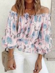 Off Shoulder Floral Print Blouse Casual Ruffle Trim Blouse Women's Clothing