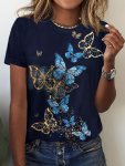Butterfly Print Crew Neck T-Shirt Casual Short Sleeve Top For Spring & Summer Women's Clothing