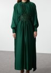 Dark Green Satin Stone Detailed Evening Dress